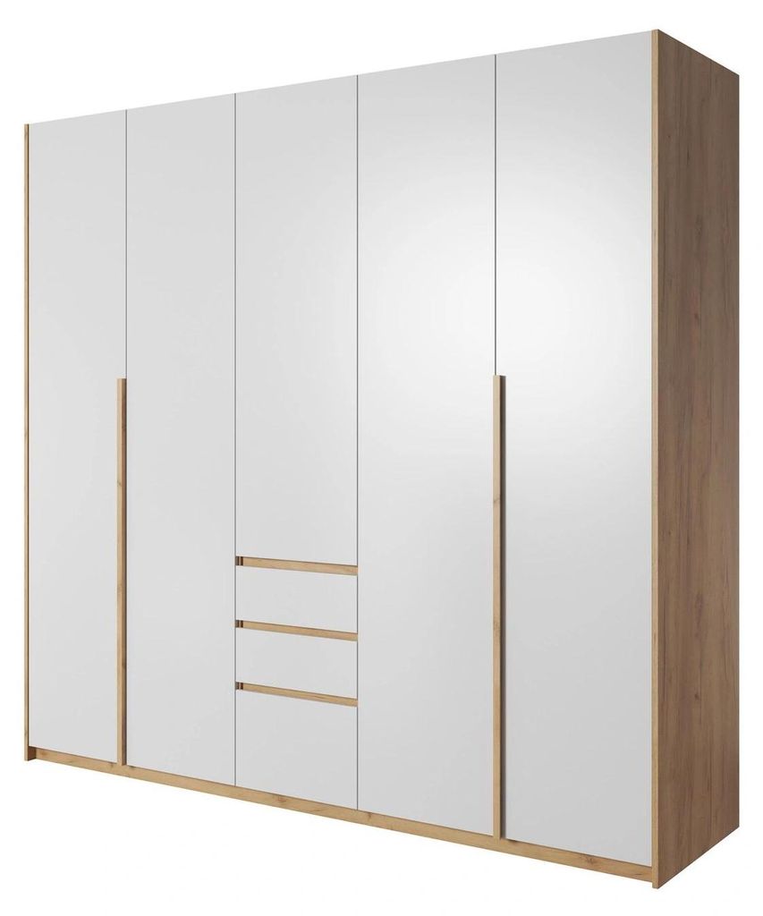 Kleiderschrank Falttürenschrank CORSA 225 cm Weiß Eiche Craft Gold Schubladen