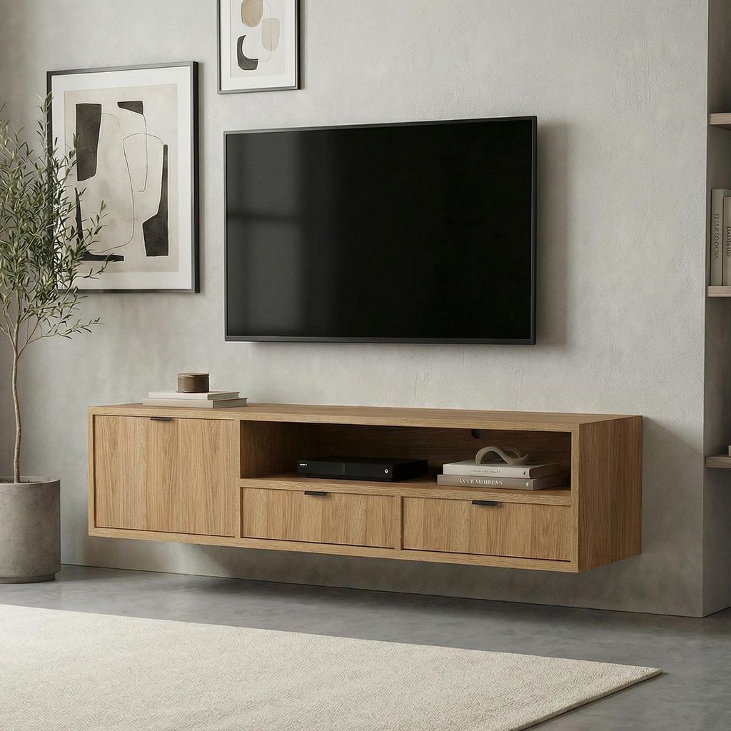 BEAUTYSOFA | Hängender TV-Schrank EVRON 150 cm, Fernseherschrank mit 2 Schubladen, 1 Tür und offener Ablage, Hikory Natur