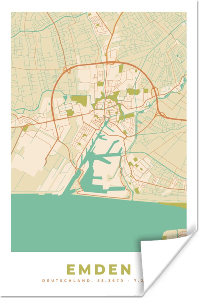 MuchoWow Poster Emden - Karte - Stadtplan - Vintage 20x30 cm - Papierdruck