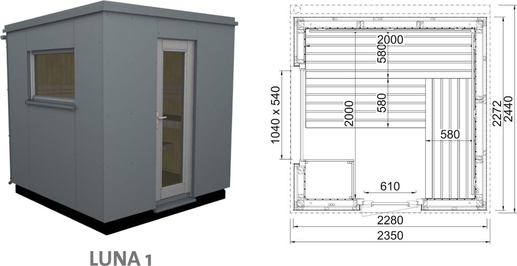 Infraworld Luna 1 Außensauna mit HPL-Platten Anthrazit versch. Fenstergrößen und Inneneinrichtung Luna 1 - Fenster (BxH): 1040 x 540 mm