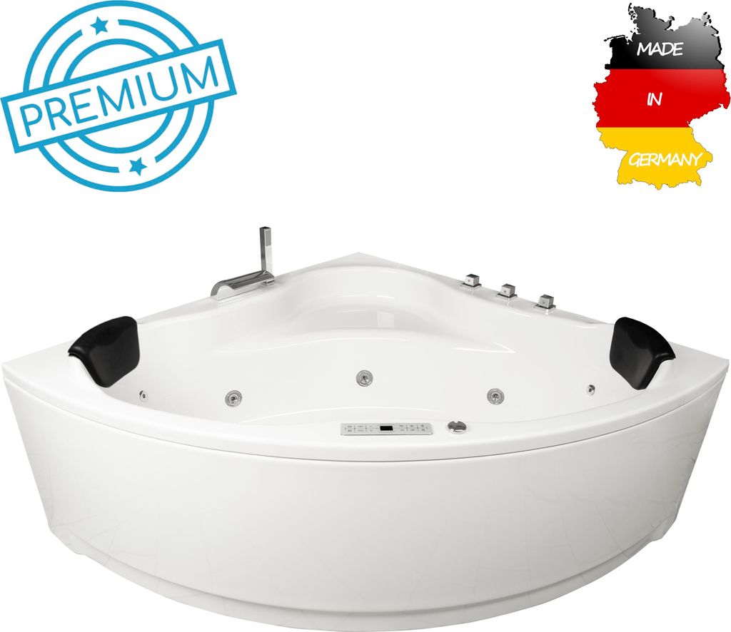 Basera PREMIUM Indoor Eck-Whirlpool Badewanne Malai 150 x 150 cm mit 21 Massagedüsen, Heizung, Ozongenerator, Bodenansaugung, Wasserfall, LED-Ambi...