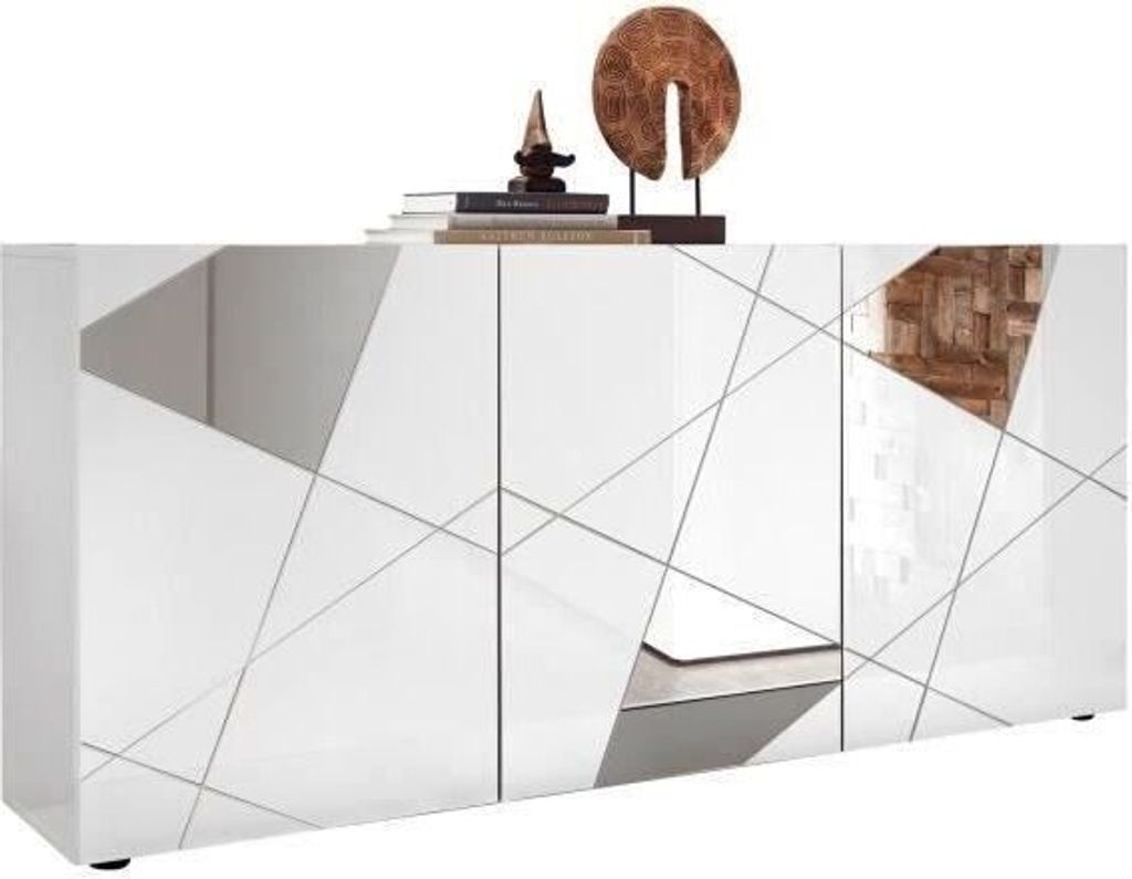 **Vittoria Highboard 3-türig Weiß Hochglanz mit Siebdruck und Spiegel**