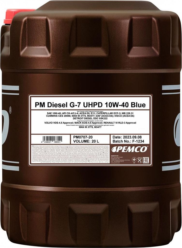 PEMCO Truck UHPD DIESEL G-7 Blue für 10W-40 20 Liter Motoröl Motorenöl Synthetisch 228.51 MAN M 3271-1 VDS-4 RLD-3 Mack EO-O PP CATERPILLAR ECF-...