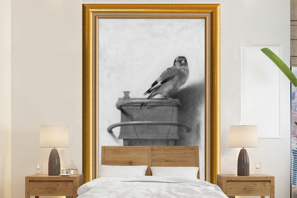MuchoWow Fototapete für Wohnzimmer oder Schlafzimmer Wandtapete Vinyl Motivtapete Der Stieglitz - Maler - Liste - Gold - 145x220 cm - Wanddekora...