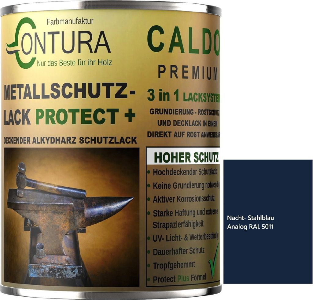 Contura 3 in 1 Rostschutzfarbe 500ml. Metallschutzlack Seidenmatt RAL Metall Lack Farbe Grundierung Rost - RAL 5011 Stahlblau