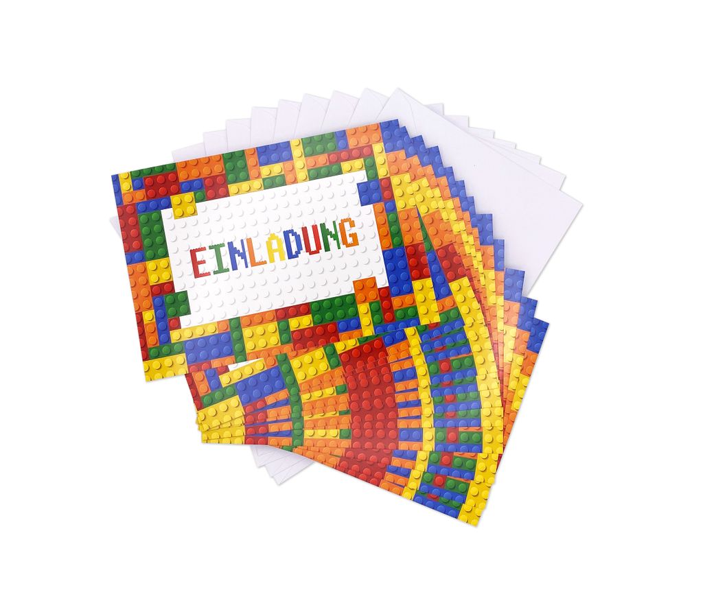 Friendly Fox Einladung Bausteine, 12x Einladungskarten mit Umschlag zum Kindergeburtstag , Geburtstagseinladung Building Bricks Bauklötze
