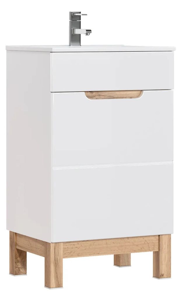 Badezimmerschrank 50 Cm Weiß Glänzend Eiche 1 Tür Für Produktbild 