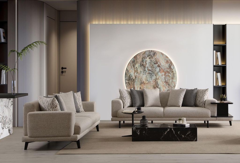 Moderne beige Holz-Textil 3-Sitzer Sofas im Doppelset