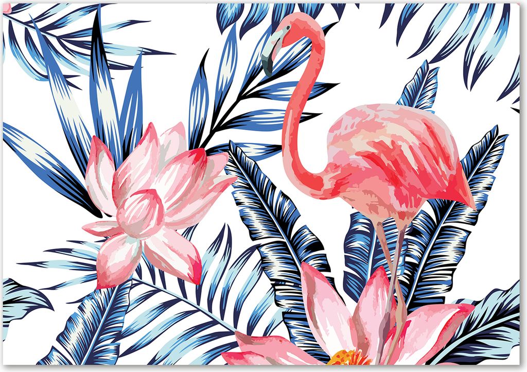 Tulup Glas-Bild - 100 x 70 - Wandbild aus Glas - Wandkunst - Wandbild hinter gehärtetem Sicherheitsglas - Tiere - Flamingos Pflanzen - Rosa