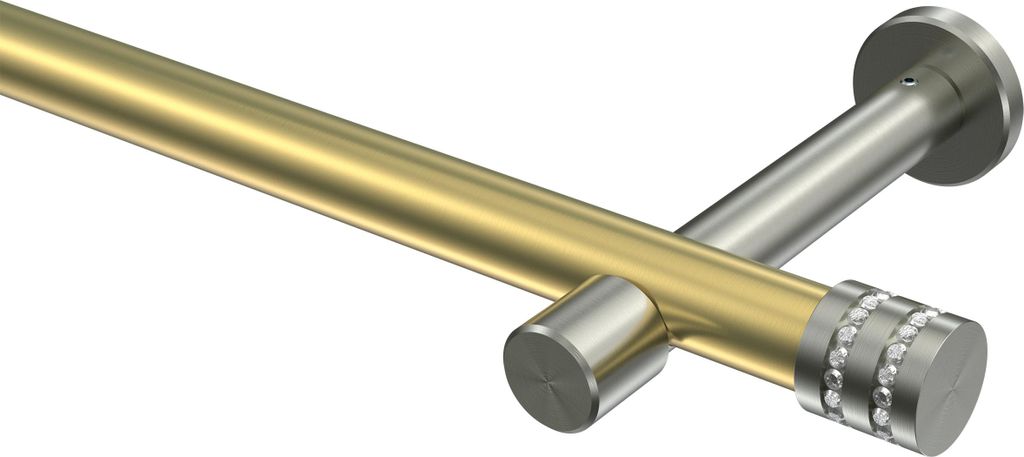 Interdeco Gardinenstange / Vorhangstange Messing-Optik / Edelstahl-Optik, Typ Prestige Estana (Glitzerkappe) ohne Ringe, 20 mm Ø 1-läufig, 120 cm