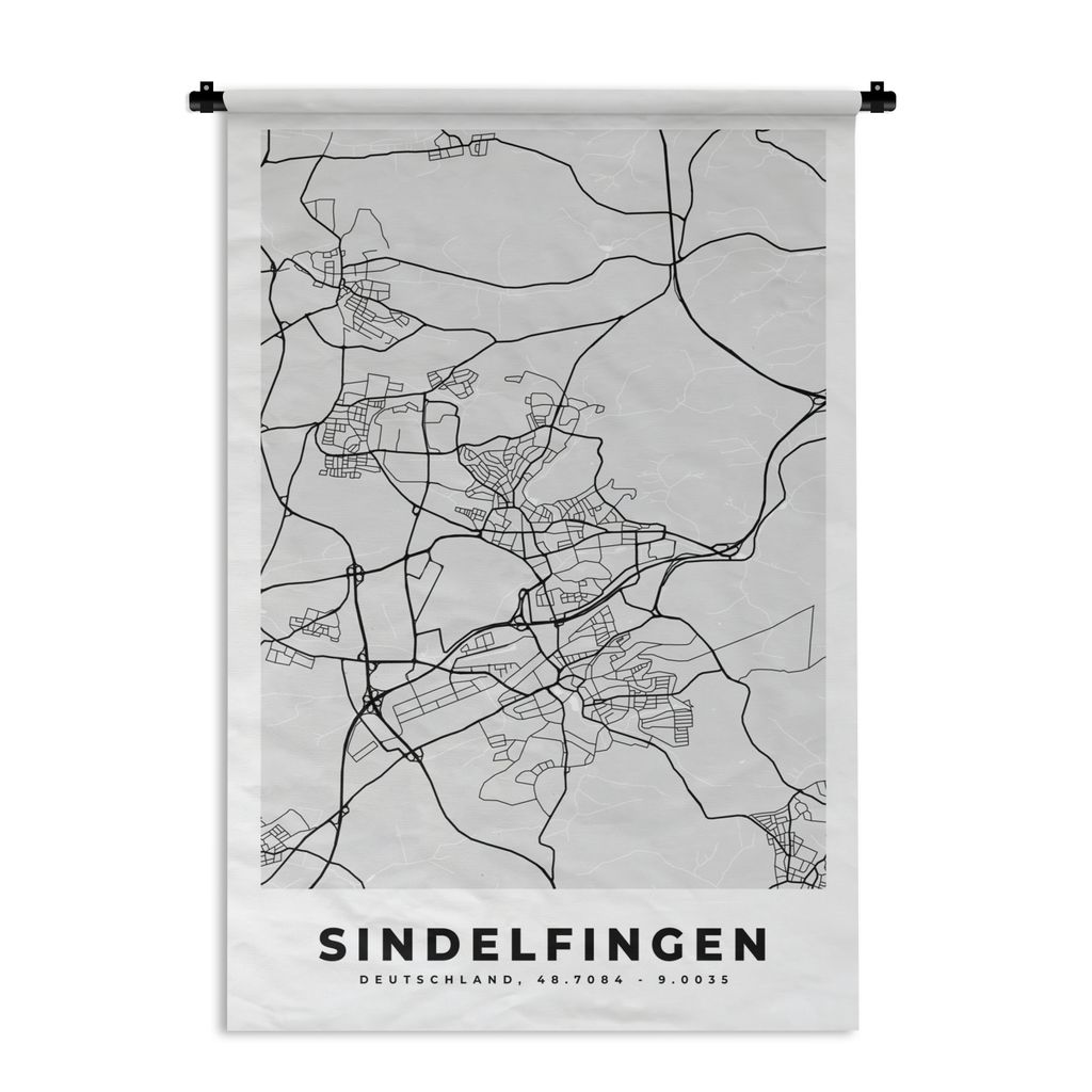 MuchoWow Wandteppich Wandbehang Karte - Deutschland - Sindelfingen - Stadtplan 60x90 cm Tapisserie Dekoration Wandtuch - Foto-Teppich - Abwaschbar
