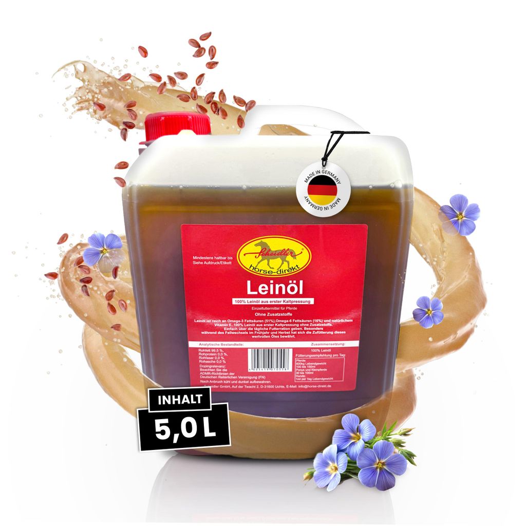 Leinöl Tierfutterzusatz 5 Liter für Pferde, Hunde & Katzen, Omega-3, Omega-6, Vitamin E, ohne Zusatzstoffe aus erster Kaltpressung