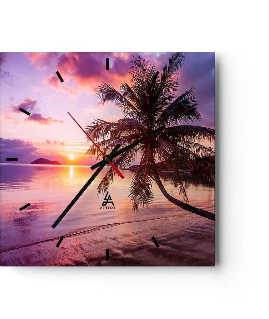 Wanduhr - Quadrat - Glasuhr - Strand Meer Palme - 40x40cm - Schleichendes Uhrwerk - Lautlos - zum Aufhängen bereit - Dekoration Modern - Wanddekor...
