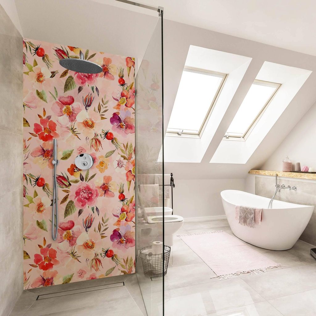 Duschrückwand Muster selbstklebend - 0.35 mm Wandpaneel wasserfest Blumenmuster rosa Aquarell Illustration Badrückwand fugenlos Smart matt 110x19...