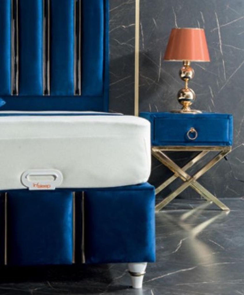 Schlafzimmer Set Blau Metall Bett Elegantes Stil 2x Nachttische Modern Neu 3tlg.