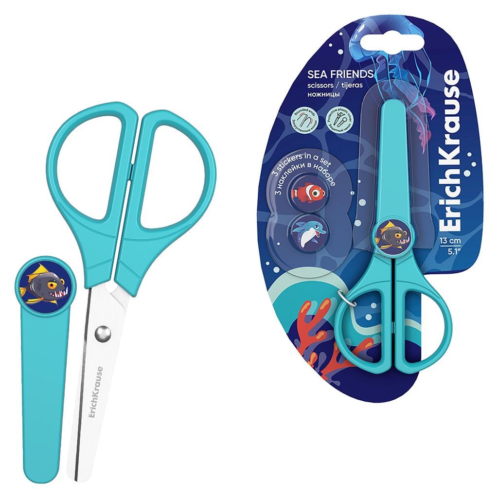 Kinderschere Sea Friends 13cm mit Schutzkappe abgerundete Spitzen Blau