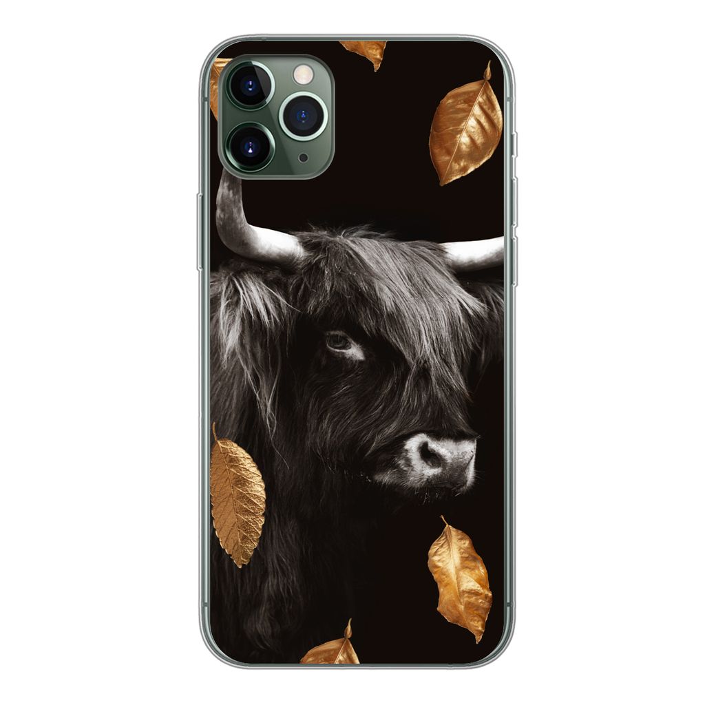 MuchoWow Handyhülle Schutzhülle Hülle für iPhone 11 Pro Max Schottischer Highlander - Blätter - Gold - Schwarz Silikon Softcase Handy Hülle...