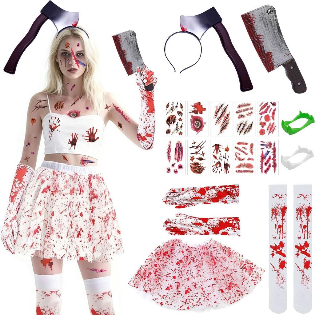 Damen Zombie Halloween Kostüm Tutu Set Blutig 17 Teile Rot Produktbild 