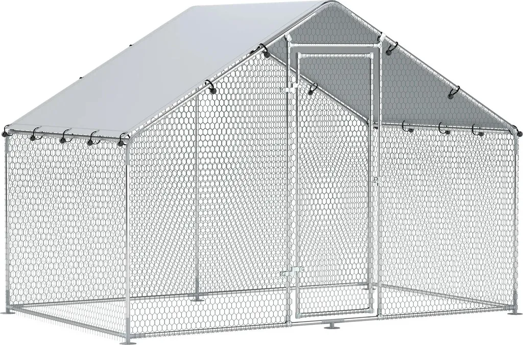 Grand Parc à Poules Extérieur avec Toit de Protection Solaire Argenté