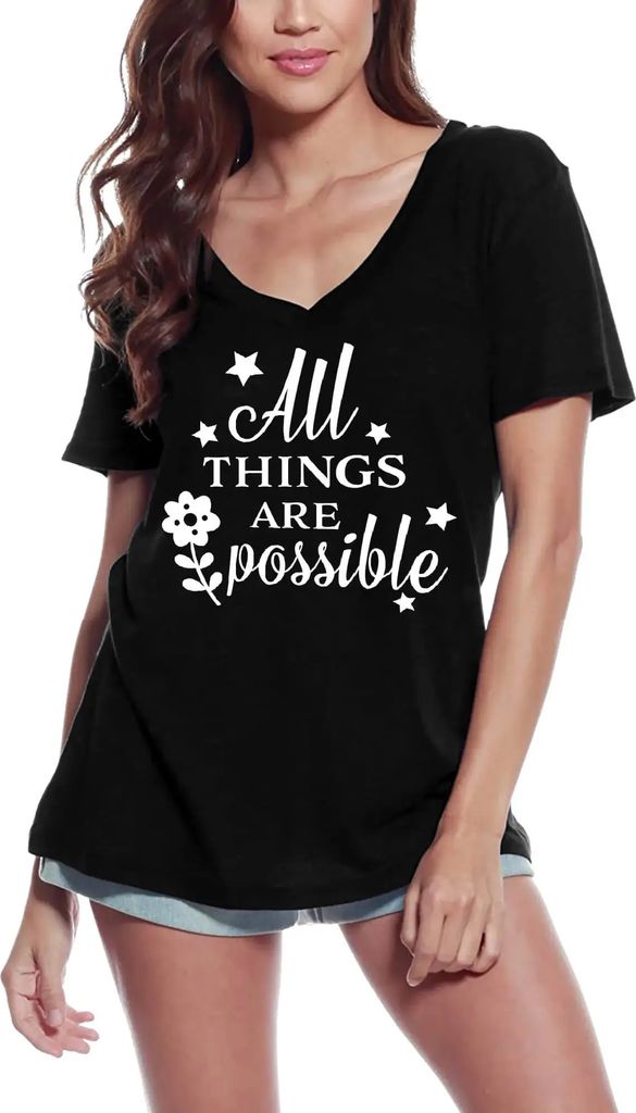Damen Grafik T-Shirt V-Ausschnitt Alle Dinge sind möglich – All Things Are Possible – Öko-Verantwortlich Vintage Jahrgang Kurzarm Lustige Druck