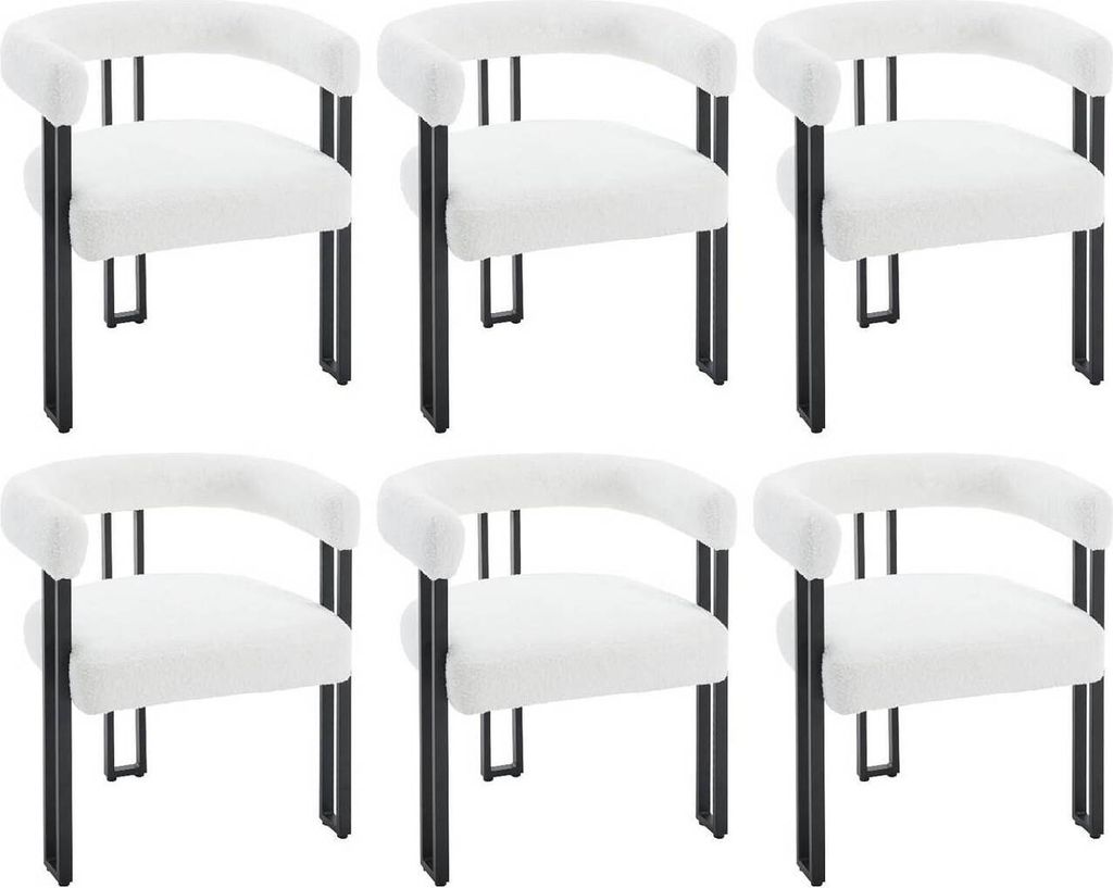 Six white chairs with black legs are arranged in two rows of three.