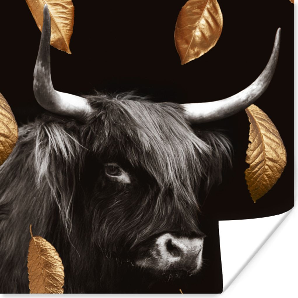 MuchoWow Poster Schottischer Highlander - Gold - Schwarz - Weiß 30x30 cm - Wandposter - Printing