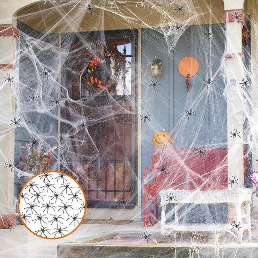 Toile d'araignée extensible 400g et 80 araignées noires pour Halloween
