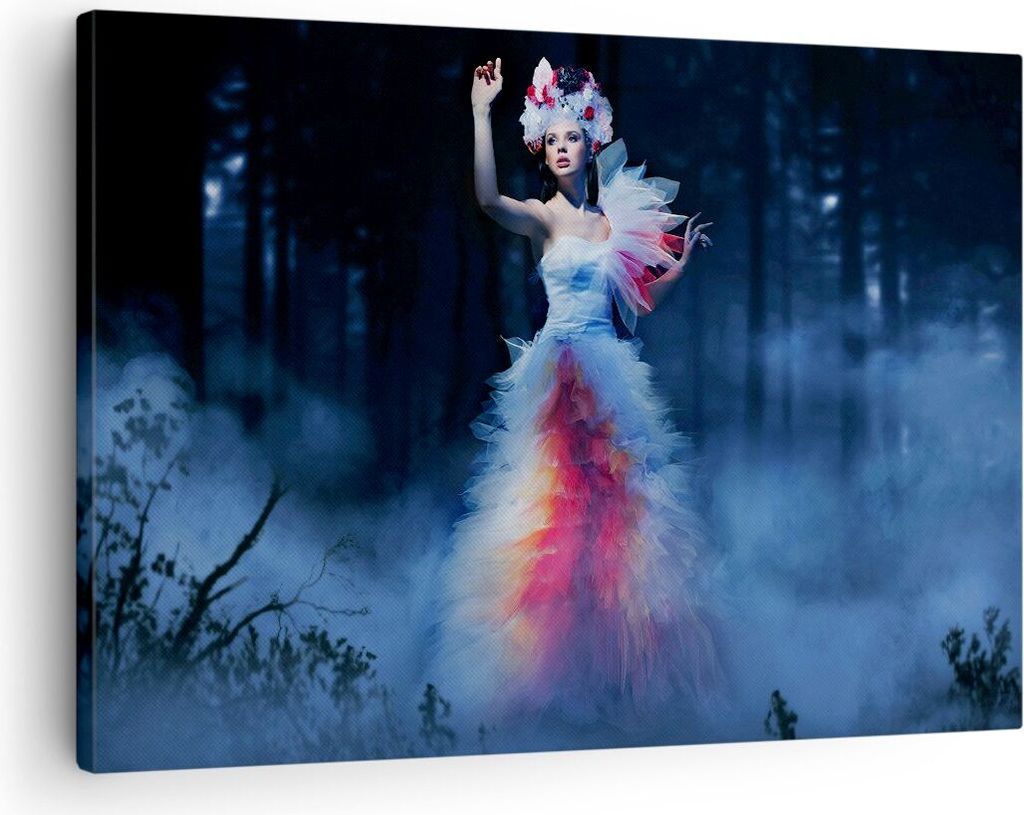 Bild auf Leinwand - Leinwandbild - Frau Geheimnis Nacht Wald - 70x50cm - Wand Bild - Wanddeko - Leinwanddruck - Bilder - Kunstdruck - Wanddekoratio...