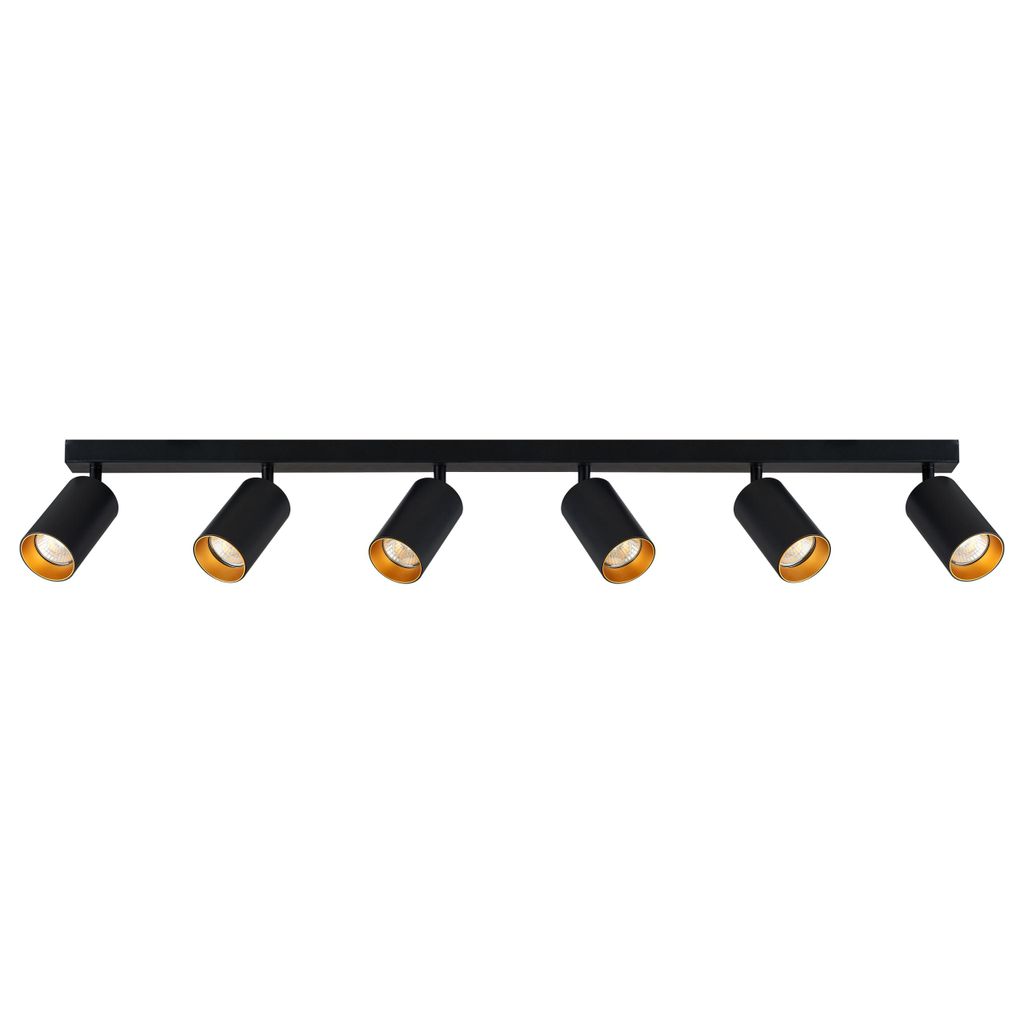 A product image of a black, six-light track lighting fixture with gold interior accents, presented on a white background.