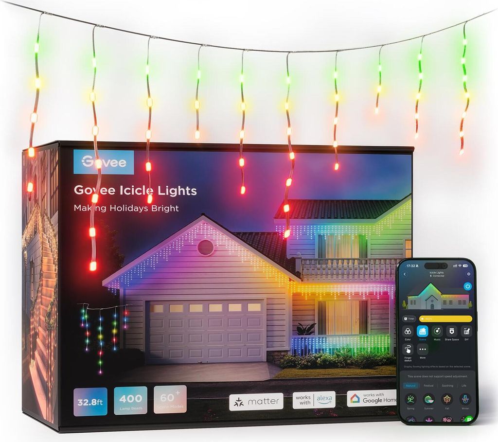 The image shows the product packaging for Govee Smart LED icicle lights, along with a sample of the lights themselves and a smartphone displaying the control app.