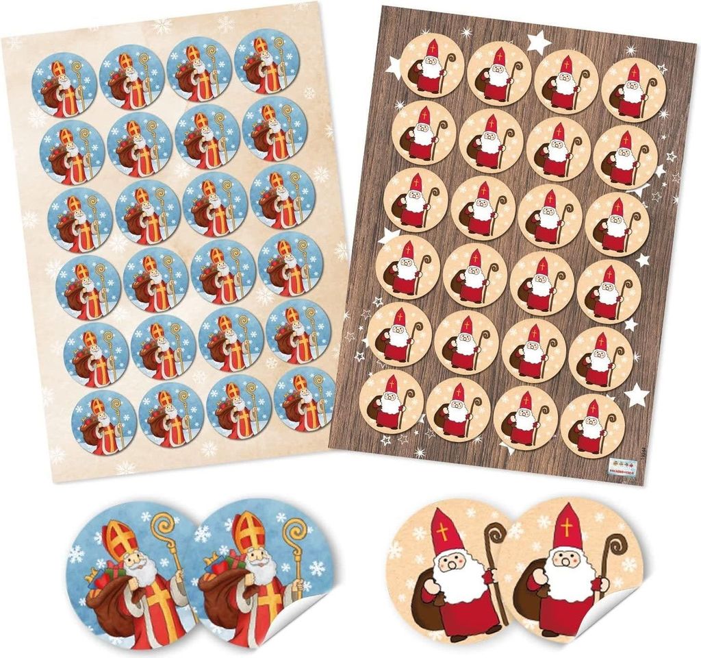 2 x 24 Aufkleber Heiliger Nikolaus rund Ø 4 cm in rot, weiß und blau