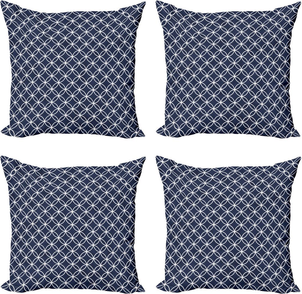 ABAKUHAUS Indigo Kissenbezug Set (4 Stück), Trellis Inspired Kreise, Moderner Doppelseitiger Digitaldruck, 60 cm x 60 cm, Indigo und Weiß