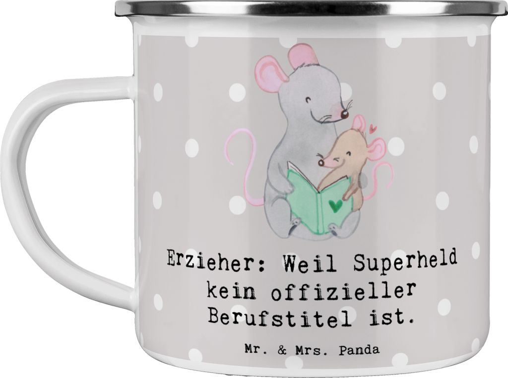 Mr. & Mrs. Panda Teetasse Erzieher Superheld - Grau Pastell - Geschenk, Emaille Tasse, Berufspassion, Engagement, Berufstitel, Kaffeepott, Betreuun...