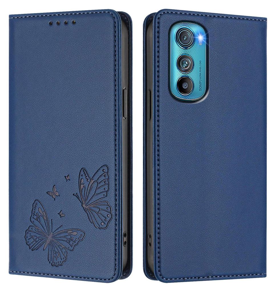 Lederhülle für Motorola Edge 30, Schmetterling Prägung Leder Brieftasche Schutzhülle mit Ständer Dunkelblau