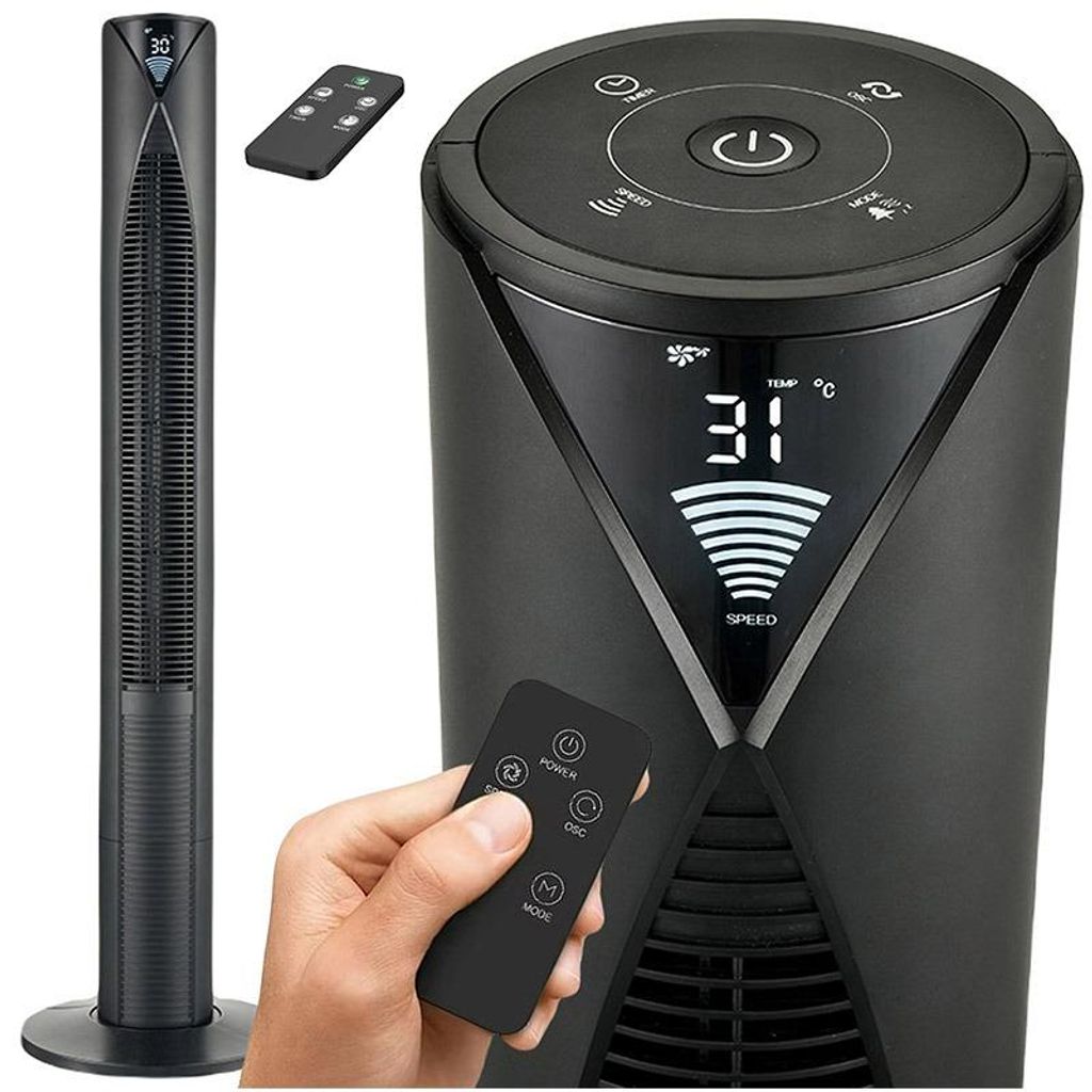 A collage showing a black tower fan and its remote control. One part shows the full fan, another part shows a close-up of the top controls and display, and a third part shows a hand holding the remote control.