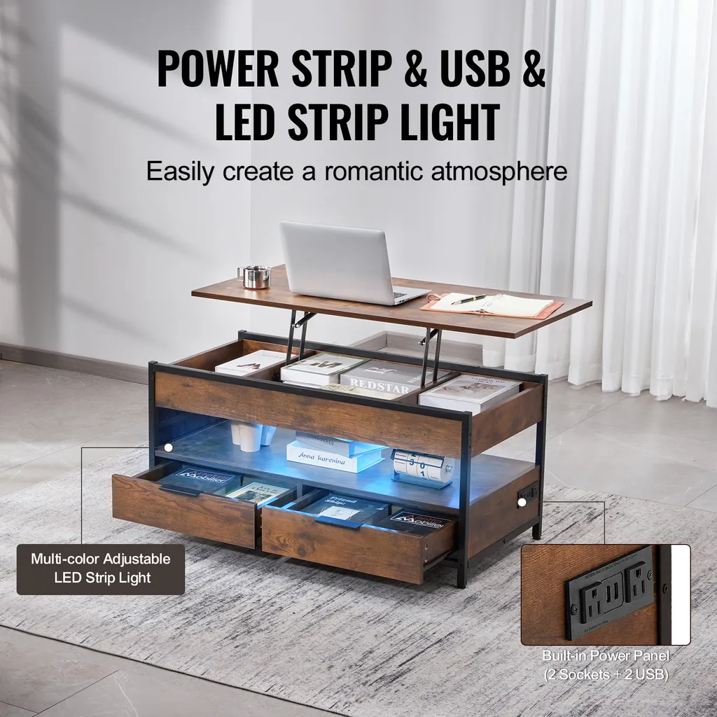 Table Basse Connectée avec LED Intégrée et Multiprise USB pour Salon