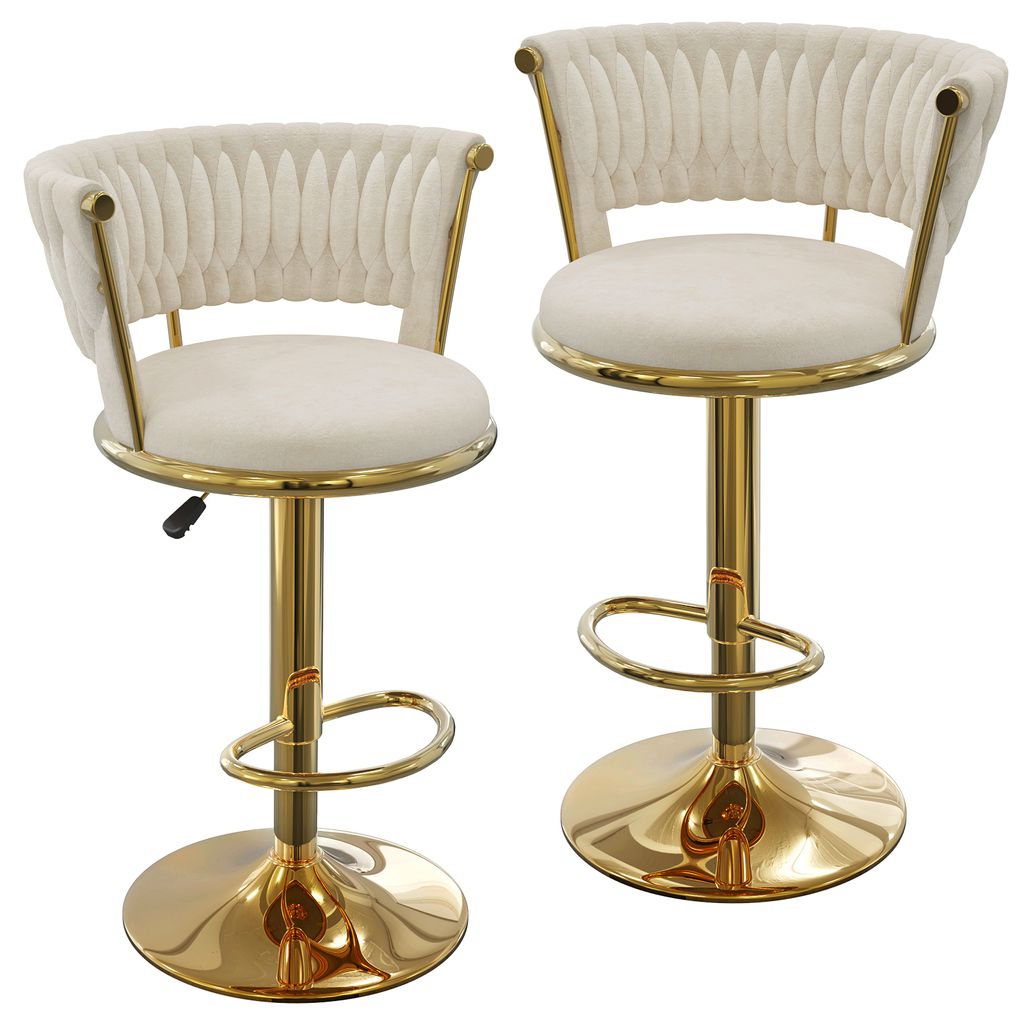 Two cream-colored bar stools with gold accents are shown against a white background.