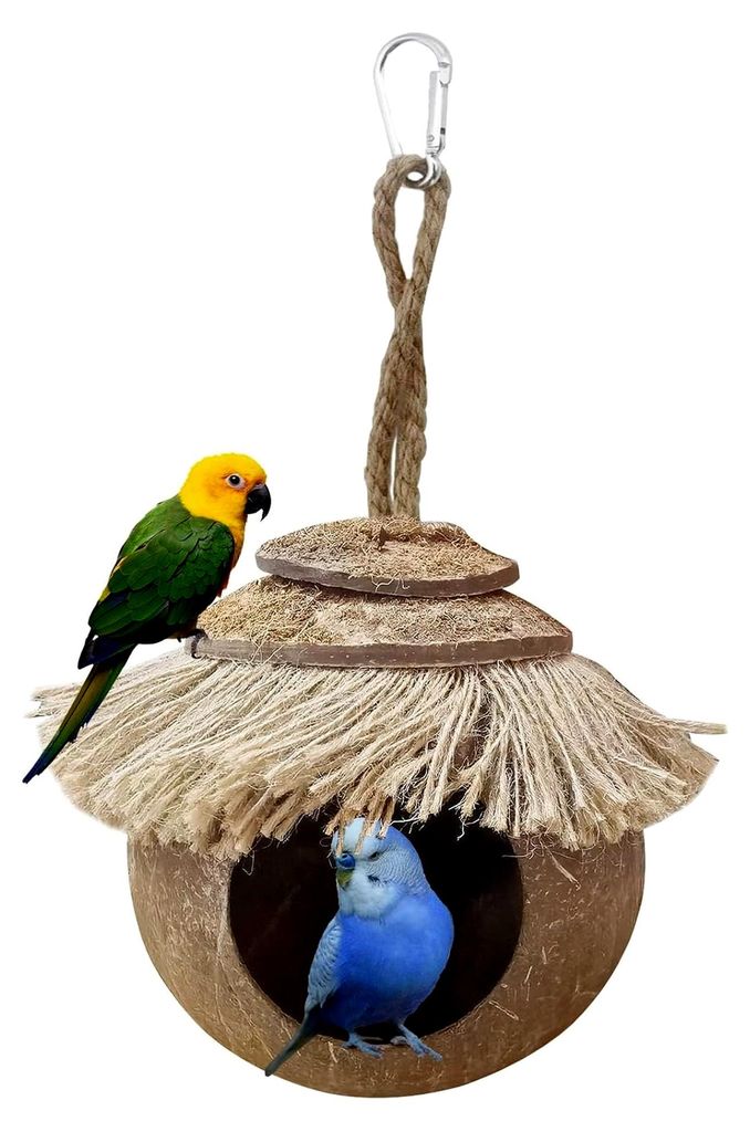 Kokosnuss-Höhle mit Aufhänger – Natürliches Vogelhaus aus Kokosfaser zum Aufhängen – Brutnest für Papageien, Sittiche, Unzertrennliche, Fi...