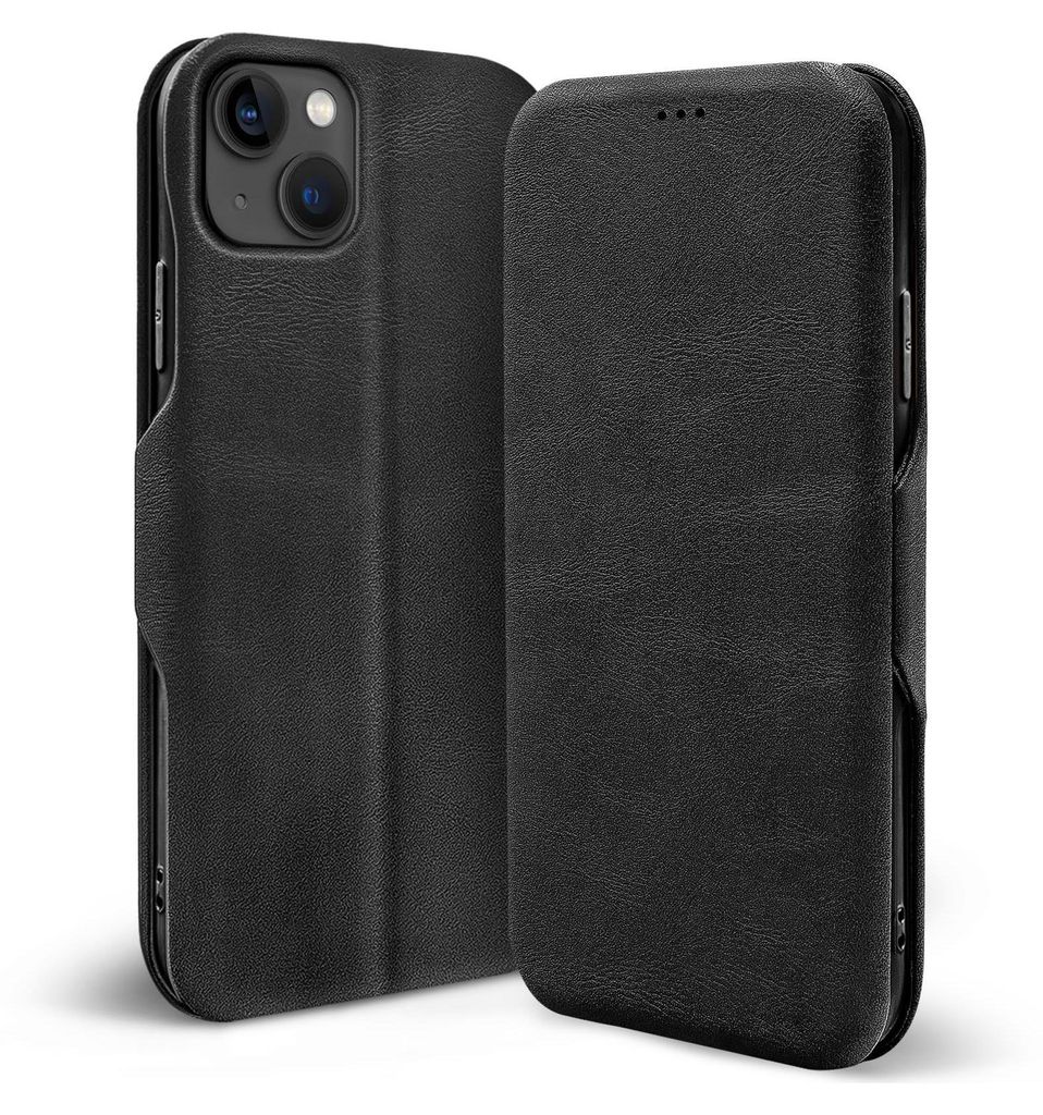 A black leather flip case for an iPhone 13 Mini is shown against a white background.