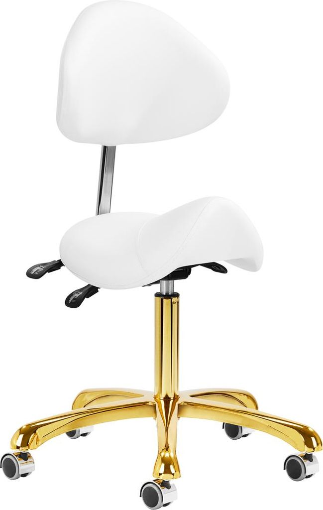 A white saddle stool with a gold base and wheels, shown against a white background.