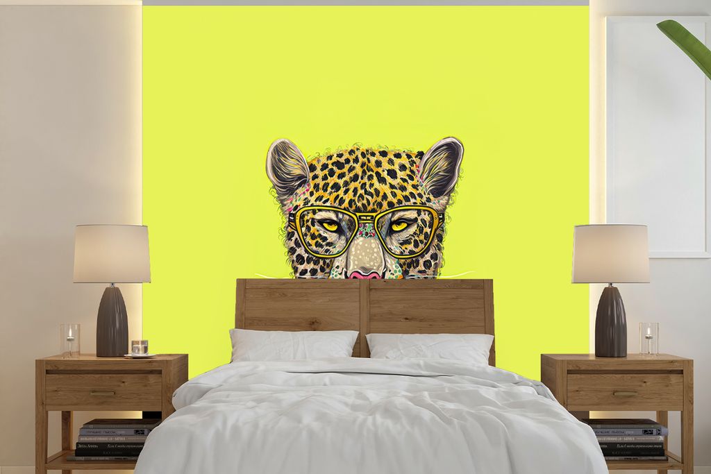 MuchoWow Fototapete für Wohnzimmer oder Schlafzimmer Wandtapete Vinyl Motivtapete Panther - Tier - Brillen - Farben - 350x350 cm - Schlafzimmert...