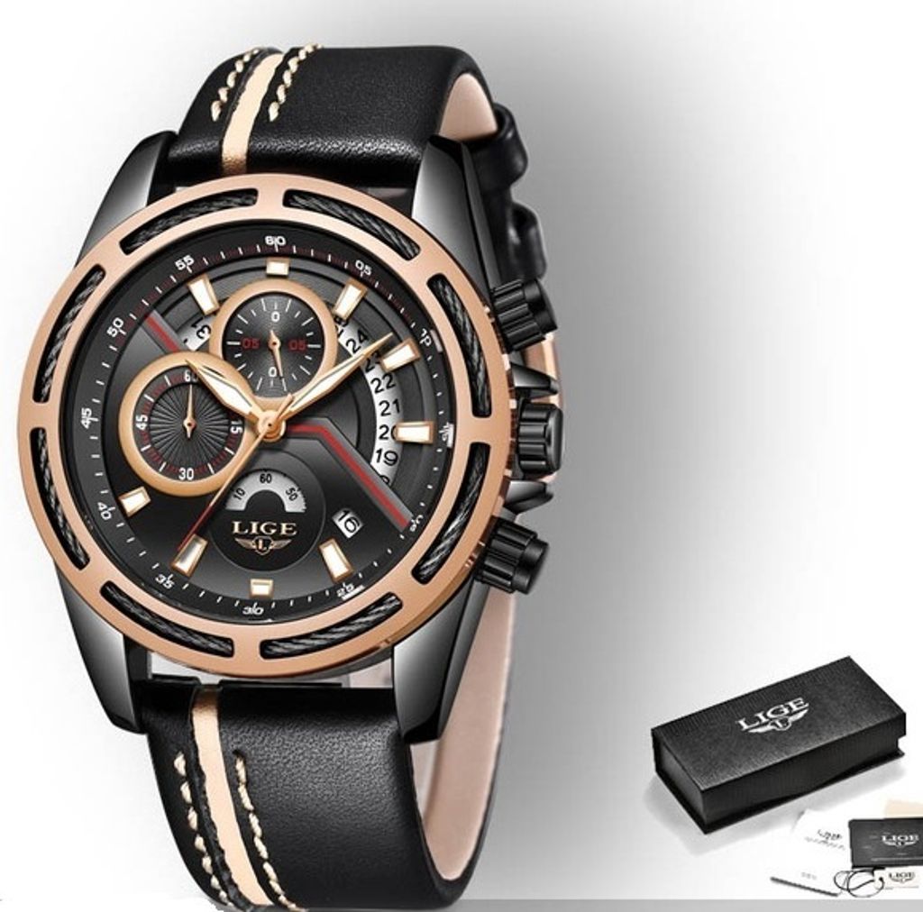 Elegante Herrenuhr LIGE Wheels in Schwarz und Gold – Stilvoll & Funktional KP4071