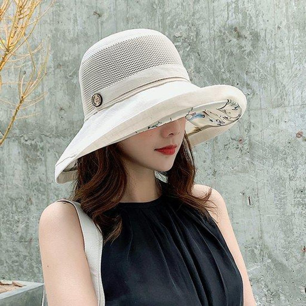 Strandzylinder aus Mesh, falbar, breite Kante mit Kinnband, ideal für Strandtage (beige)