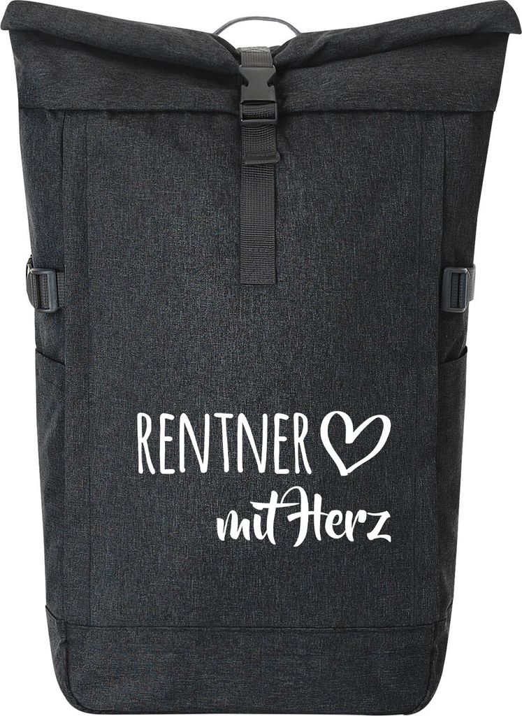 Huuraa Kurierrucksack Rentner mit Herz 30-44 Liter Black Melange Fairtrade Rolltop Rucksack Geschenkidee