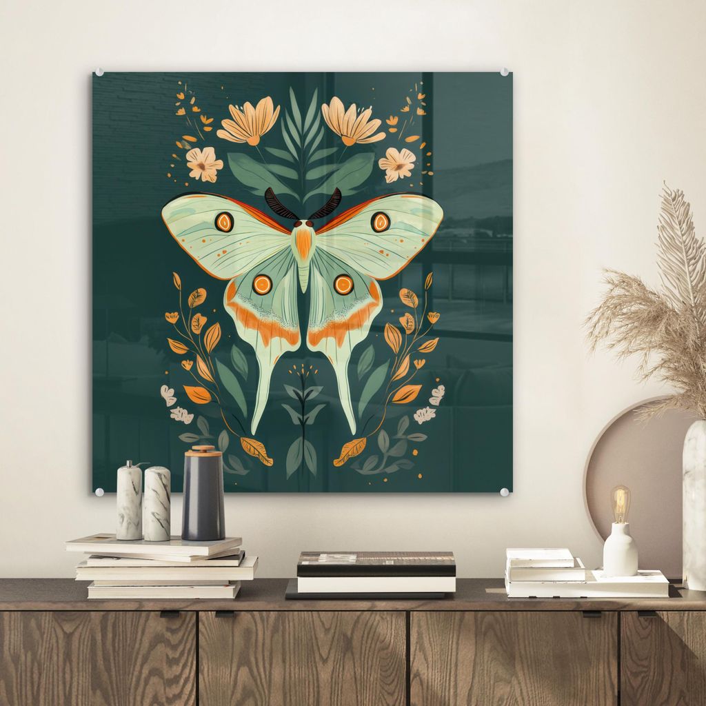 MuchoWow Glasbilder - Bilder auf Wandbild - Foto auf Glas Ornamental - Schmetterling - Grün - Blätter 40x40 cm Wanddekoration aus Glas - Acrylgla...