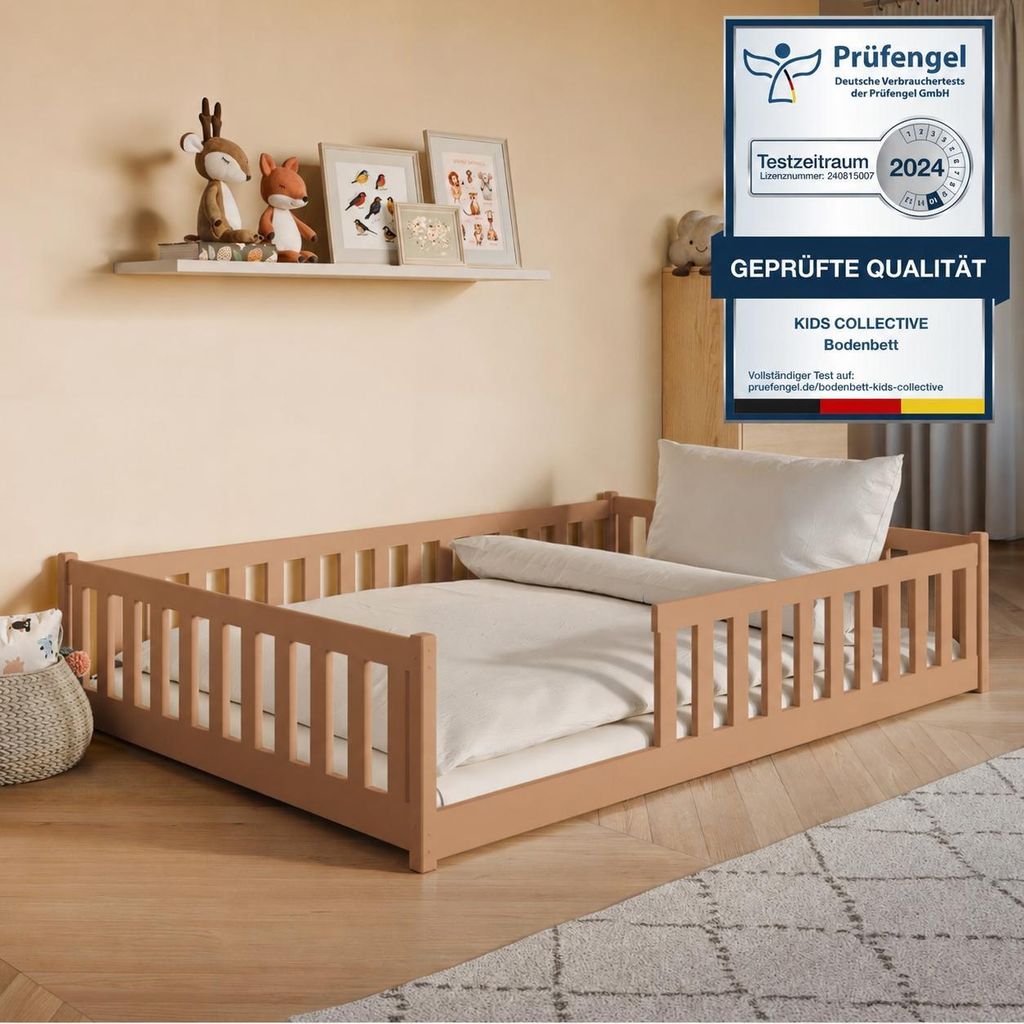 Kinderbett Bodenbett 140x200 cm mit Rausfallschutz & Lattenrost Montessori Bett Bed Gitterbett Kinder Jugendbett Einzelbett | Zimt