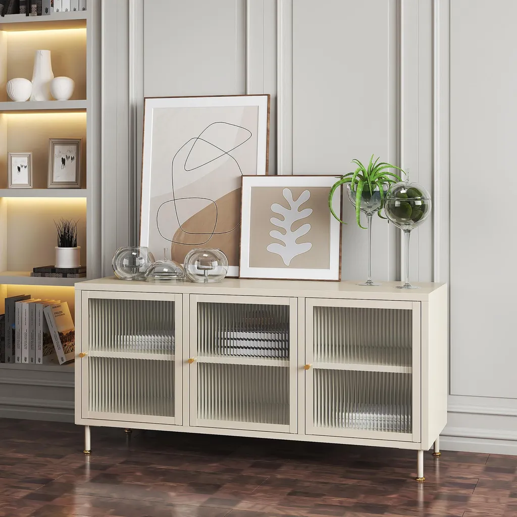 Buffet TV Design Lindau Blanc 120cm avec Portes en Verre Cannelé Chic