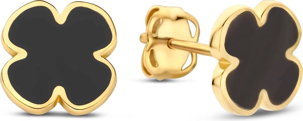 New Bling - 9NBG-0875 - 14K geelgouden Oorknoppen – Klaver met Zwarte Epoxy – Dames Oorbellen