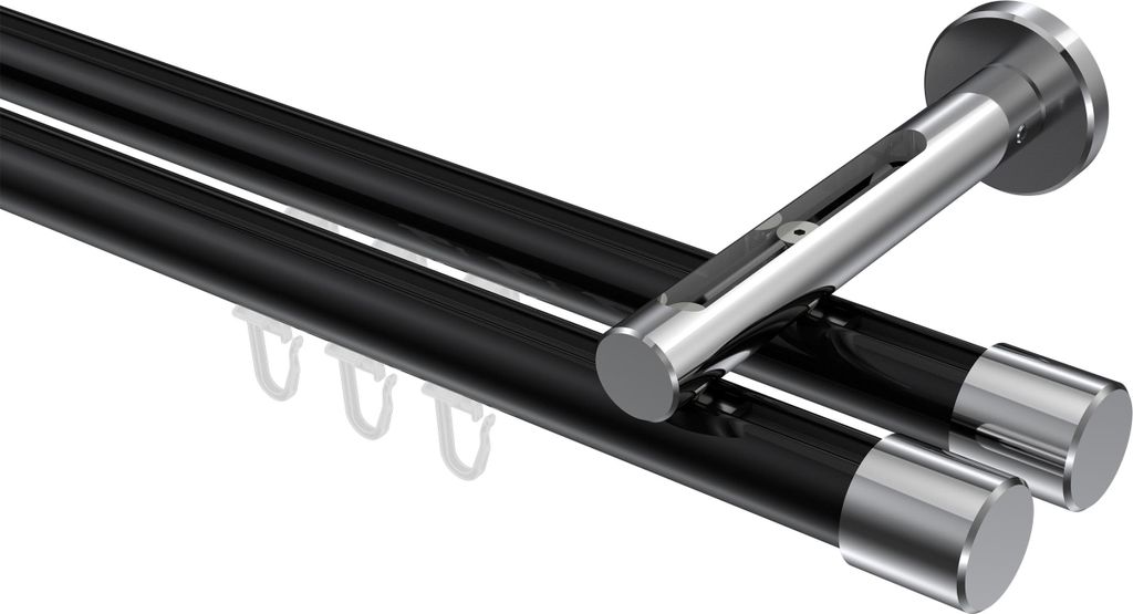 Interdeco Innenlaufstange / Gardinenstange mit Innenlauf Schwarz / Chrom, Typ Siteno Santo (Kappe), 20 mm Ø 2-läufig, 420 cm