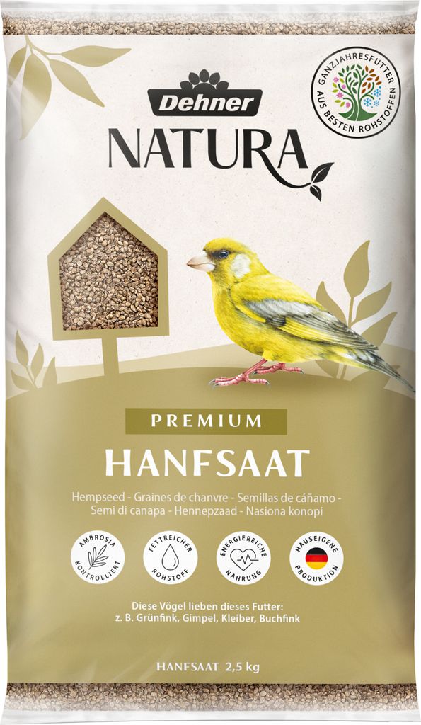 Dehner Natura Premium Wildvogelfutter, Hanfsaat, Ganzjahresfutter proteinreich / energiereich, hochwertiges Vogelfutter für Wildvögel, 2.5 kg